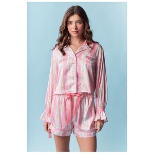 702. Floral striped pajama short set bow ties pink